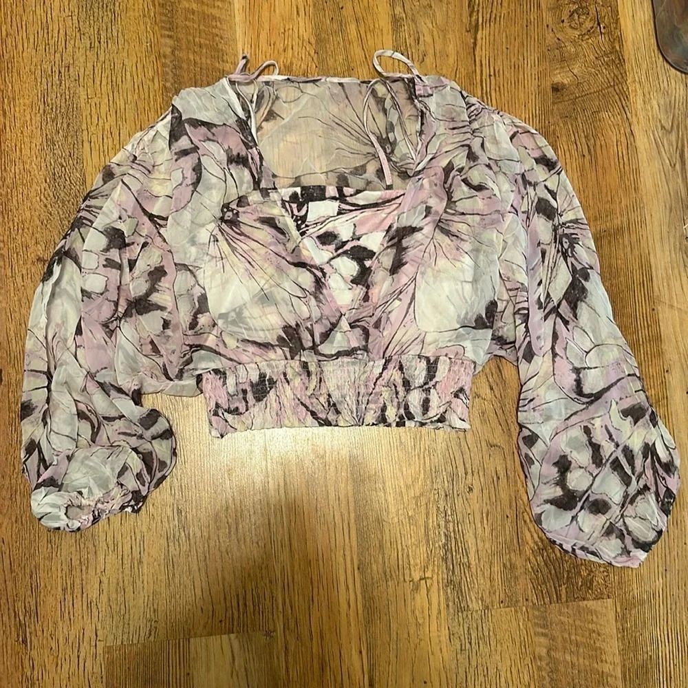 Anthropologie Floral Sheer Long Sleeve Top Built In Cami Scrunch Fitted Hem FF
